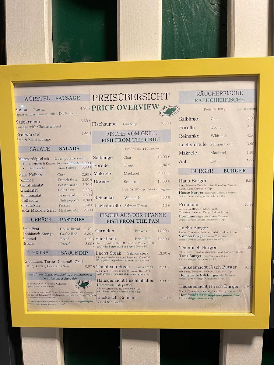Speisekarte, Steckerlfisch in Abersee