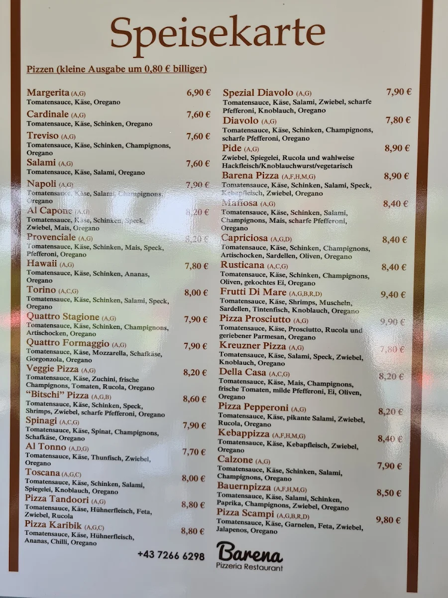 Speisekarte, Barena Pizzeria