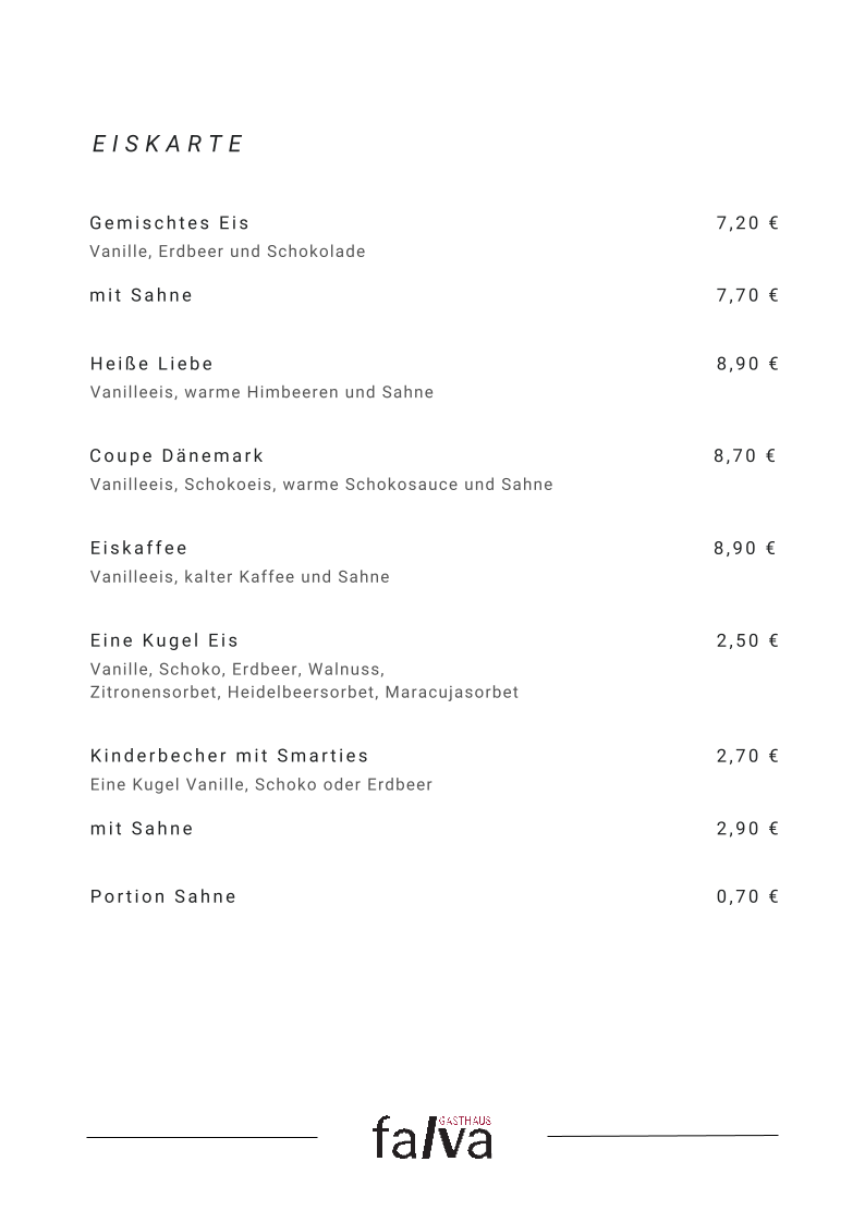Speisekarte, Gasthaus Falva