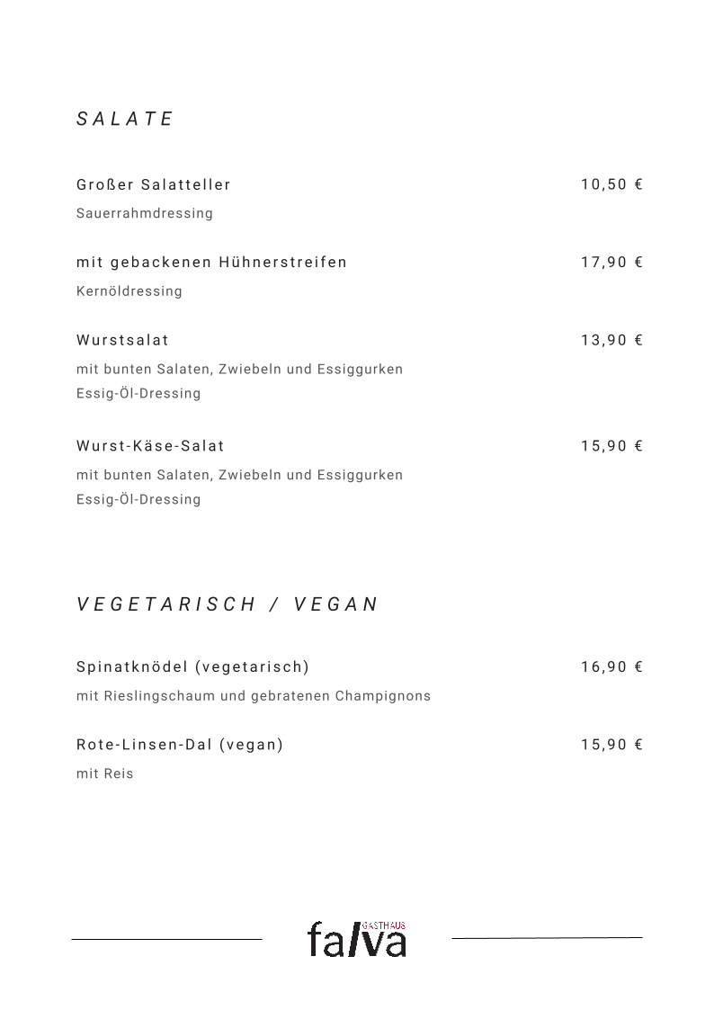 Speisekarte, Gasthaus Falva