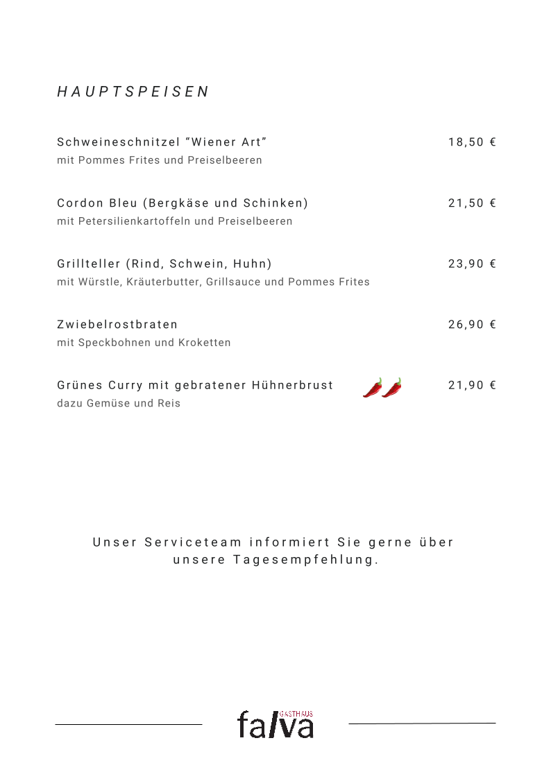 Speisekarte, Gasthaus Falva