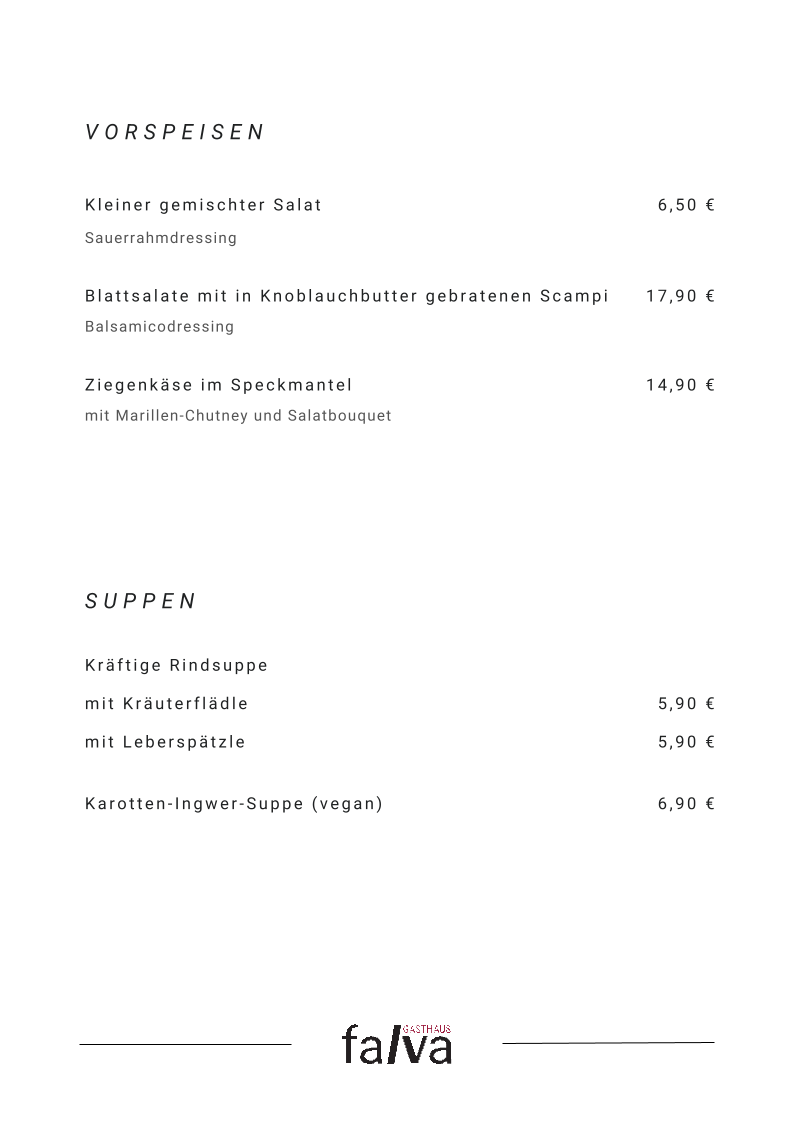 Speisekarte, Gasthaus Falva