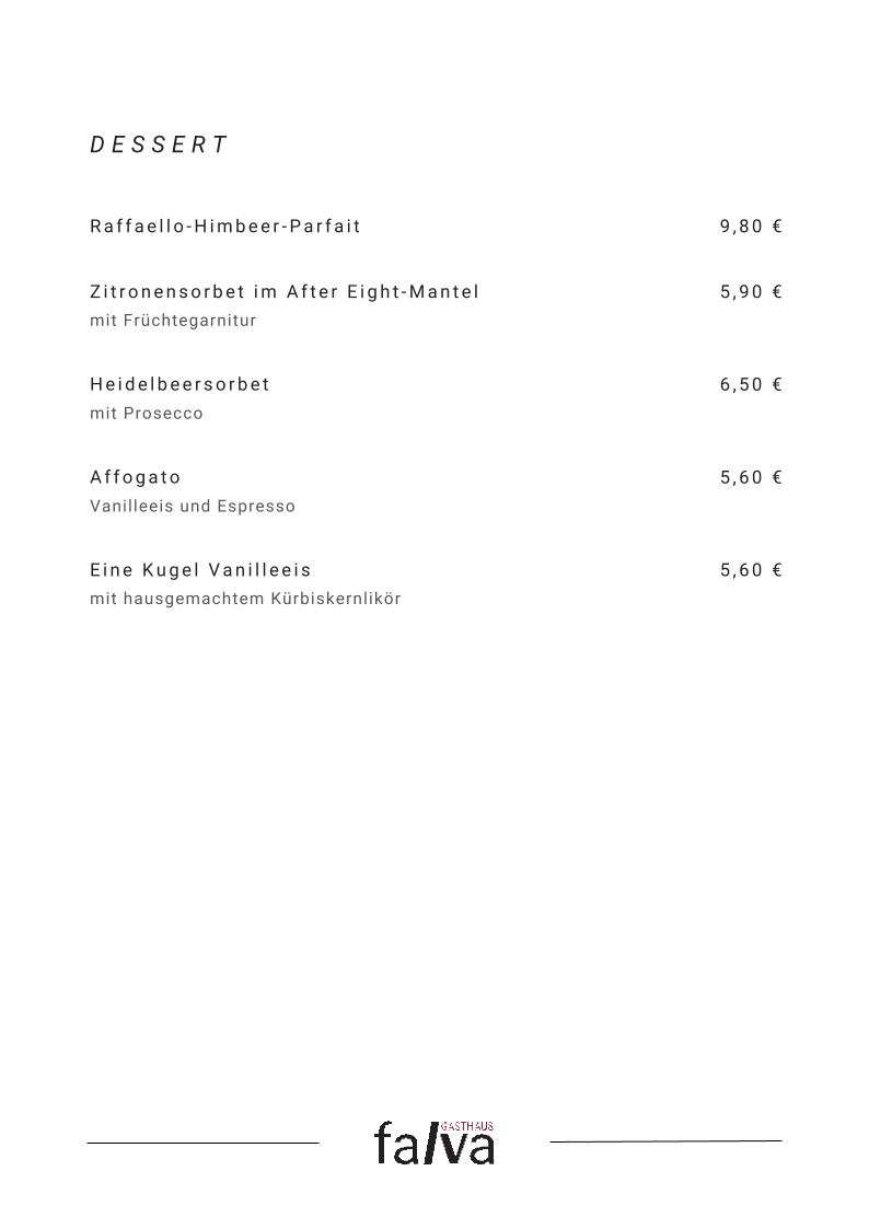 Speisekarte, Gasthaus Falva