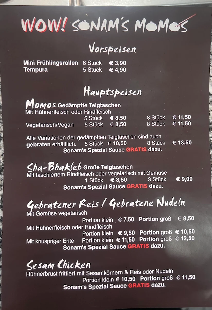 Speisekarte, WOW! SONAM'S MOMO'S