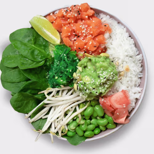Guacamole und Salmon Bowl