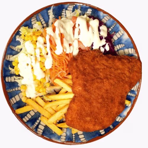 Hähnchenschnitzel mit Pommes frites und Salat