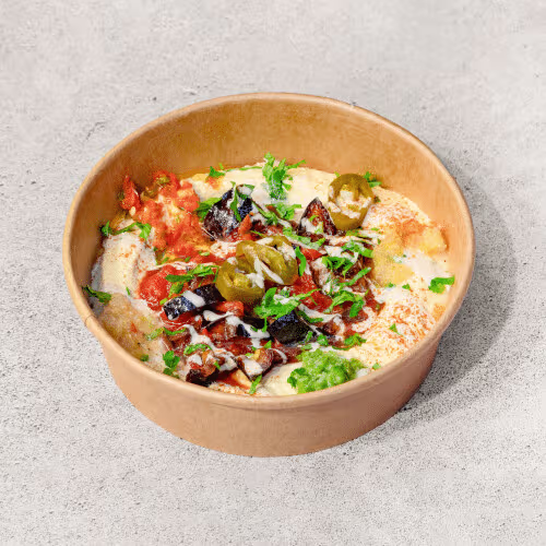 Hummus Bowl Aubergines and Fiery Tomatoes (vegan)