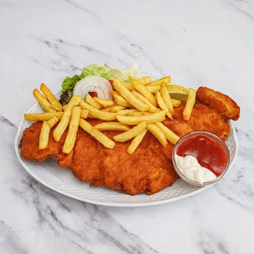 Hühnerschnitzel mit einer Beilage nach Wahl