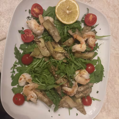 Scampi con Carciofi e Rucola