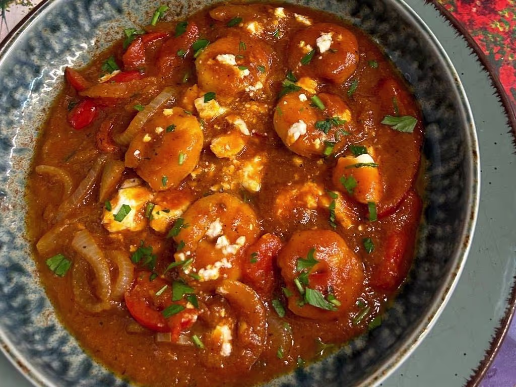 Garnelen Saganaki in Tomatensauce, mit Fetakäse überbacken, dazu Pitabrot