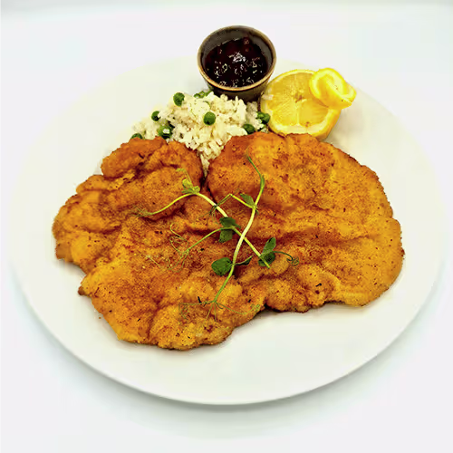 Wiener Schnitzel im Butterschmalz, vom Ama Schwein - Anstatt Reis mit Pommes frites