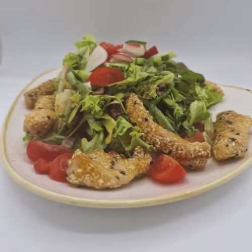 Bunter Blattsalat, Sesam-Chili Hendlfiletstücke