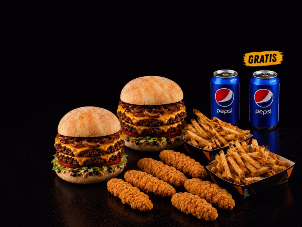 Smash Double Cheeseburger “  Duo “  Menü + 6 Stück.  Chicken Fingers  + 2 0.33l  Gratis Pepsi