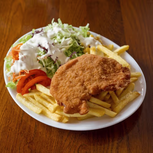 Hähnchenschnitzel mit Pommes frites