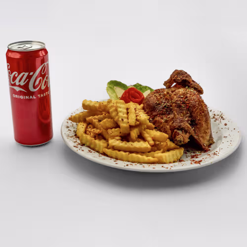 Halbes Grillhendl mit Pommes frites