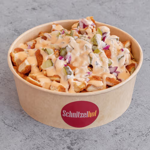 Hühnerschnitzel-Pommes-Bowl