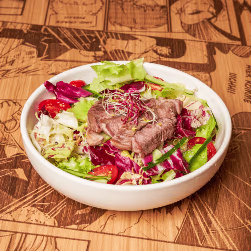 Mixsalat grilled Roastbeef Mango Wasabi Yuzu Sauce