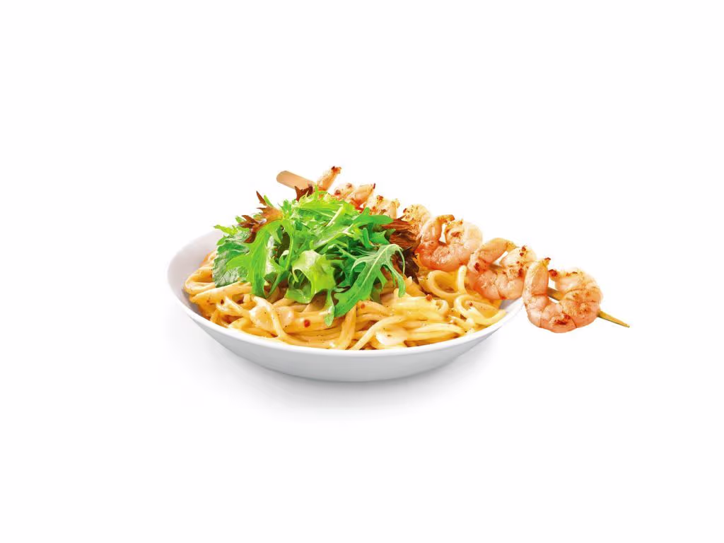 Spaghetti aglio e olio mit Garnelenspieß