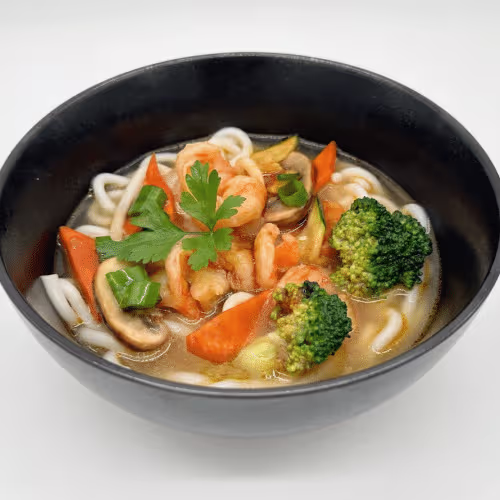 Udon Nudelsuppen mit Shrimps (scharf)