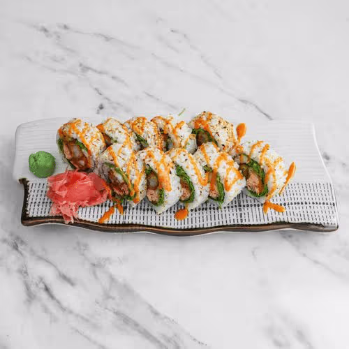Tempura-Lachs-Garnelen Maki (10 Stück, scharf)