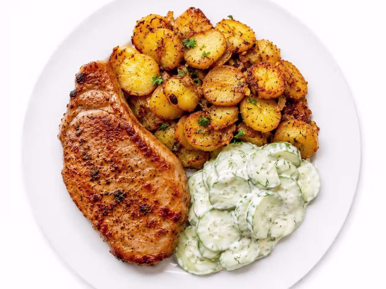 Schweinerückensteak mit Bratkartoffeln & cremigen Rahmgurken