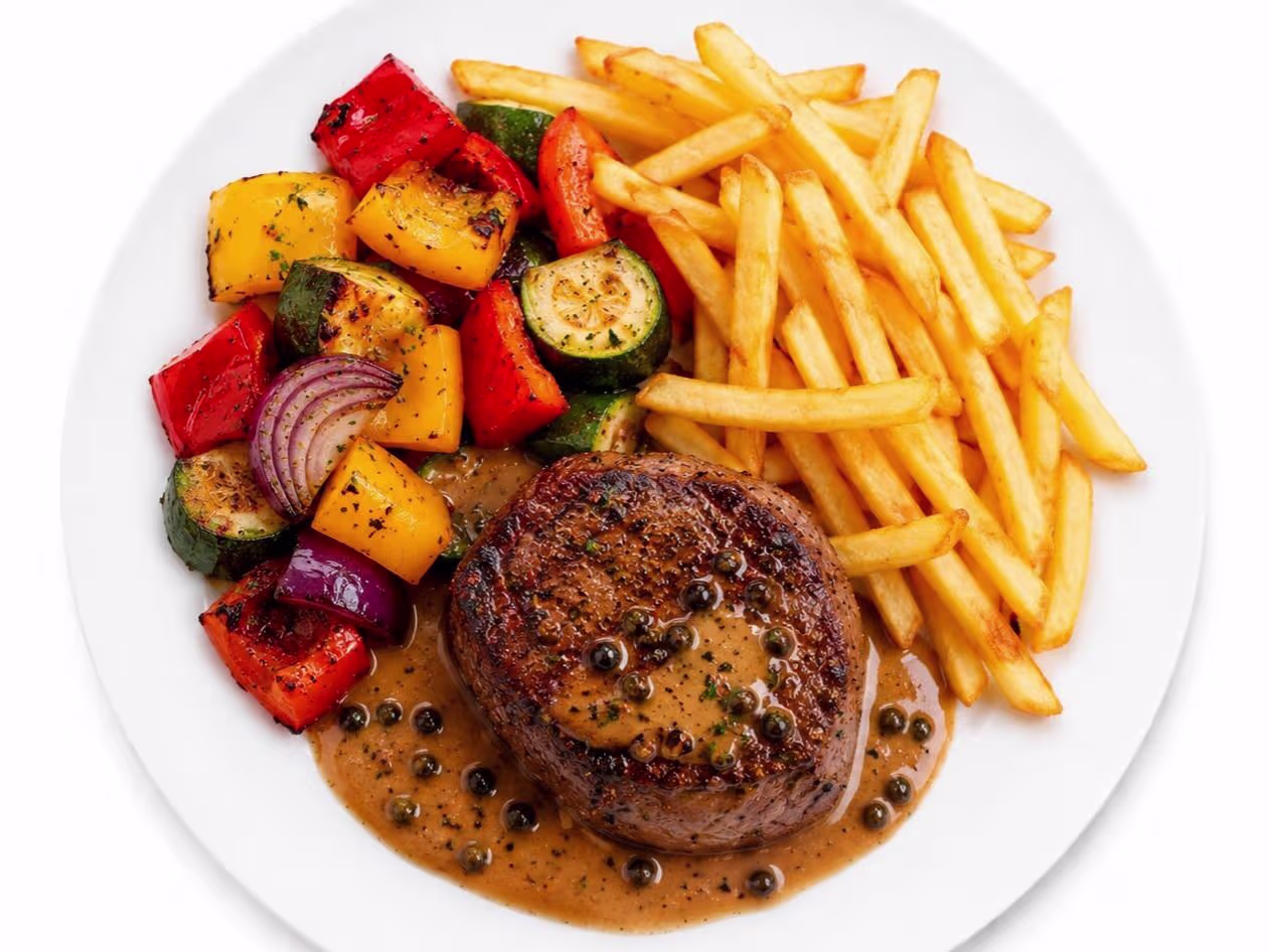 Pfeffersteak Tournedos mit Fries und Ofengemüse