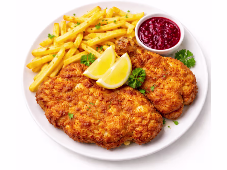 Wiener Schnitzel knusprig mit Pommes Frites und Preiselbeeren