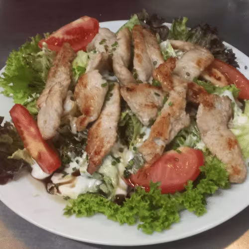 "Putenstreifensalat"   Gebratene Putenstreifen auf Blattsalat mit Kräuter-Joghurtdressing und Kernöl