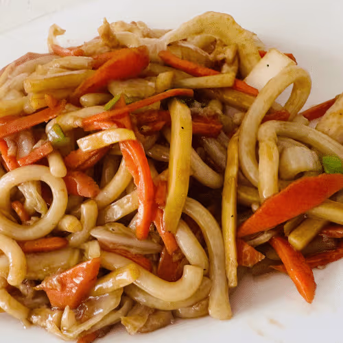 Gebratene Udon Nudeln mit Hühnerfleisch und Gemüse
