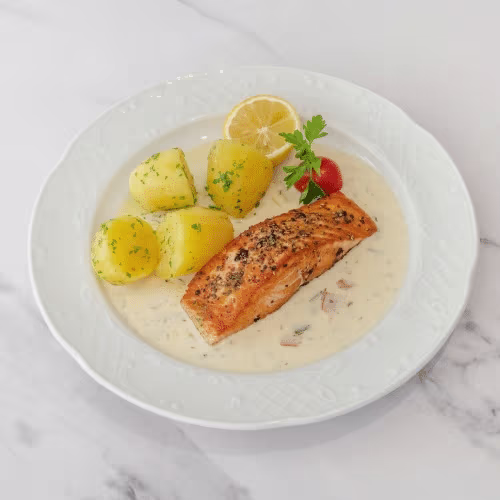 Gegrilltes Lachssteak in Veltlinersauce