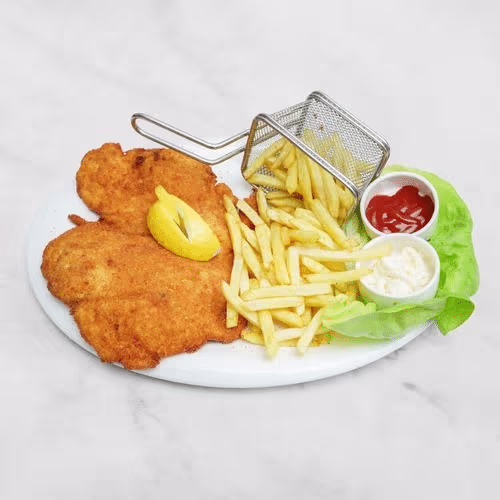 Schnitzel mit Pommes frites (Huhn)