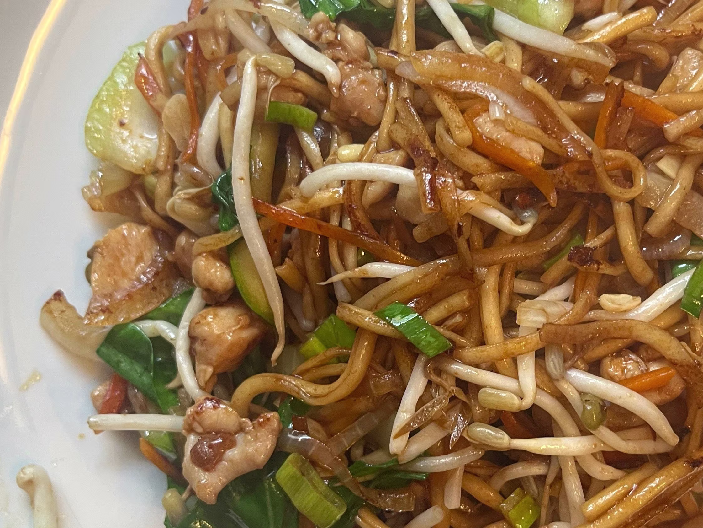 Gebratene Nudeln mit Huhn und Gemüse