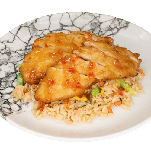 Eierreis mit knusprigem Huhn