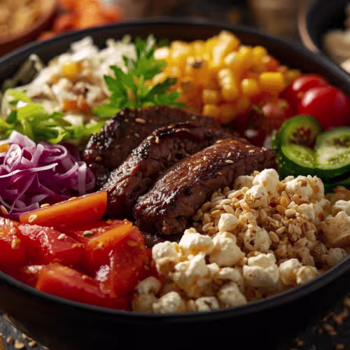 Yoga Bowl mit Beef und Chili-Dressing