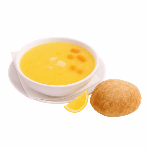 Hühnersuppe mit Brot und Zitrone