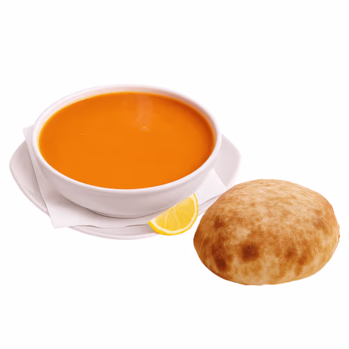 Linsensuppe mit Brot und Zitrone