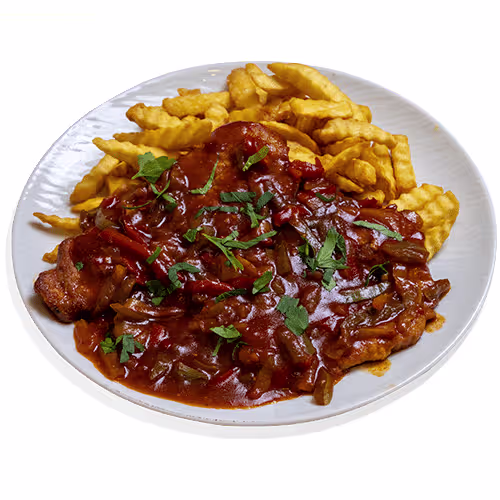 Serbischer Rostbraten mit bunten Paprikastreifen, Pommes Frites
