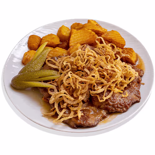 Zwiebelrostbraten geröst. Zwiebelringe, Gurkerl, Braterdäpfeln.