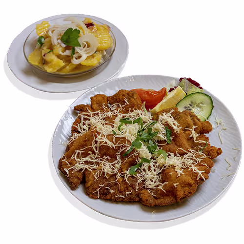 Altwiener Backfleisch vom Beiried, Erdäpfelsalat und Kren.