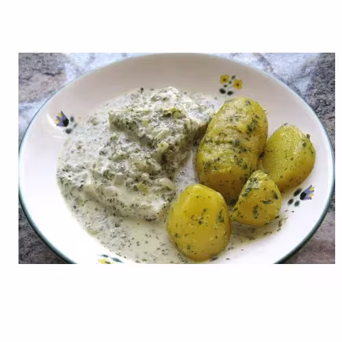 natur fisch mit patresili kartoffel und champignon sauce