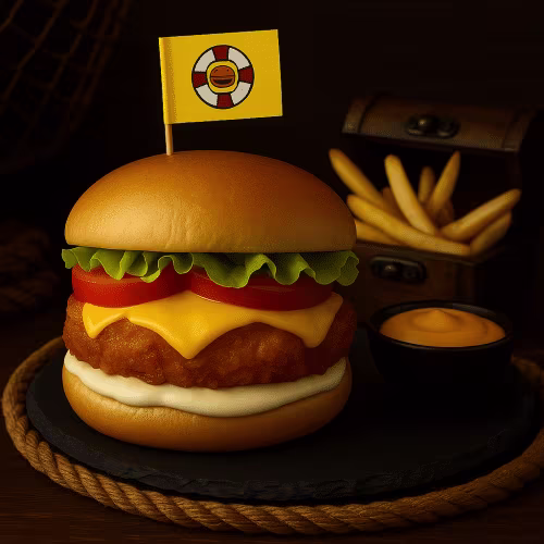 Bikini Bottom Crispy Chicken Burger mit Crispy Fries Pommes