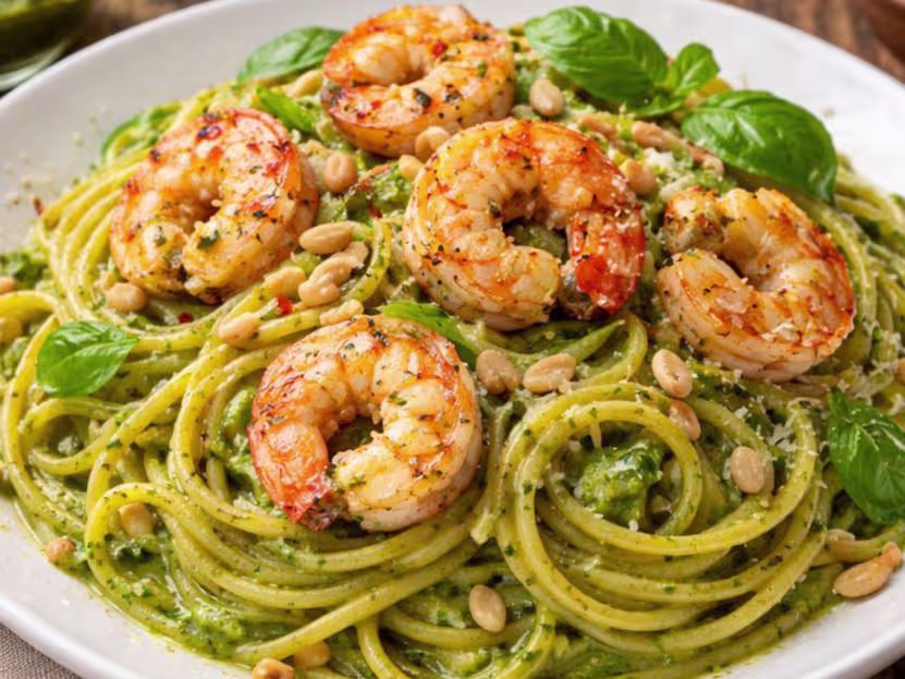 Spaghetti con pesto pistacchio e Gamberi