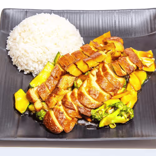 Vegan Ente mit Wokgemüse , dazu Reis