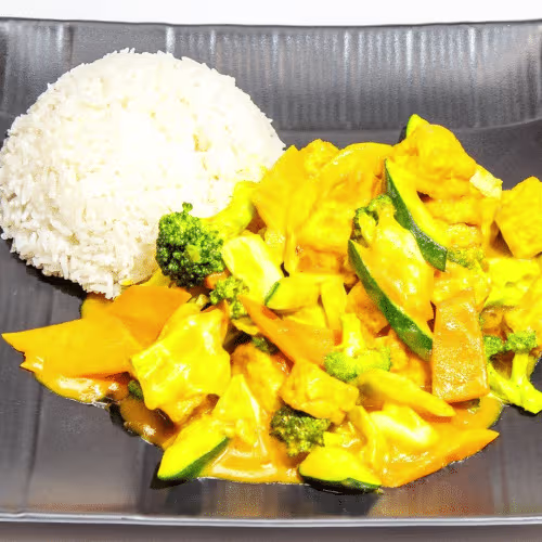 Bali Tofu mit Wokgemüse, süßlich, dazu Reis