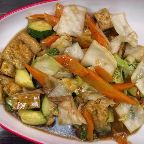 Tofu mit Wokgemüse nach Sichuan Art , dazu Reis