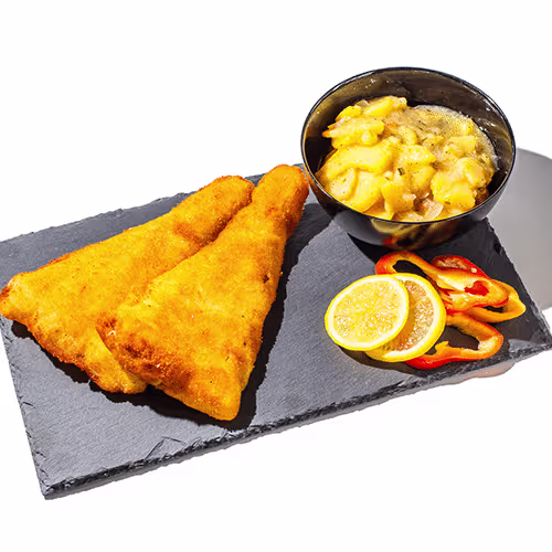 Geb. Kabeljaufilet Menü mit Kartoffelsalat