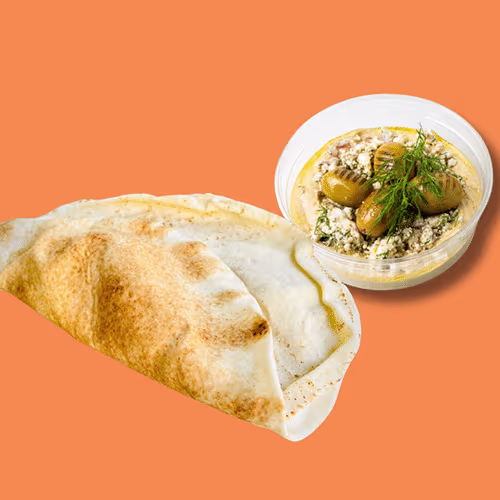 Gebratene Oliven & Feta-Brösel Hummus & Brot