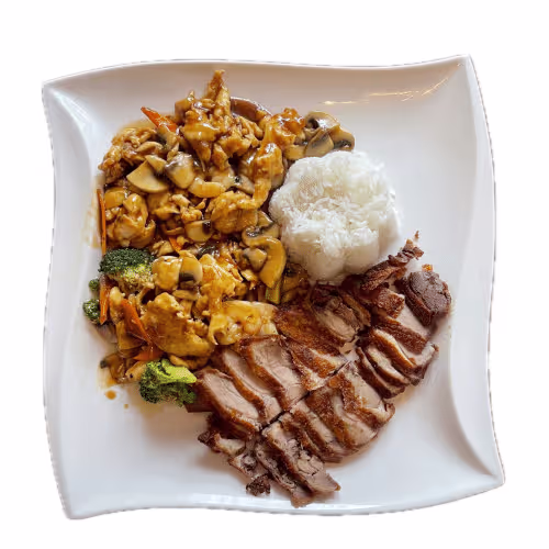 Knusprige Ente und gebratenes Hühnerfleisch