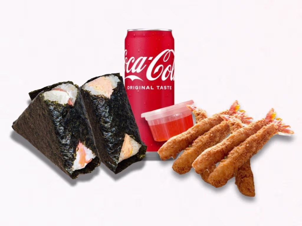 2 Onigiri nach Wahl - 6 Stück Tempuragarnelen - 1 Getränk