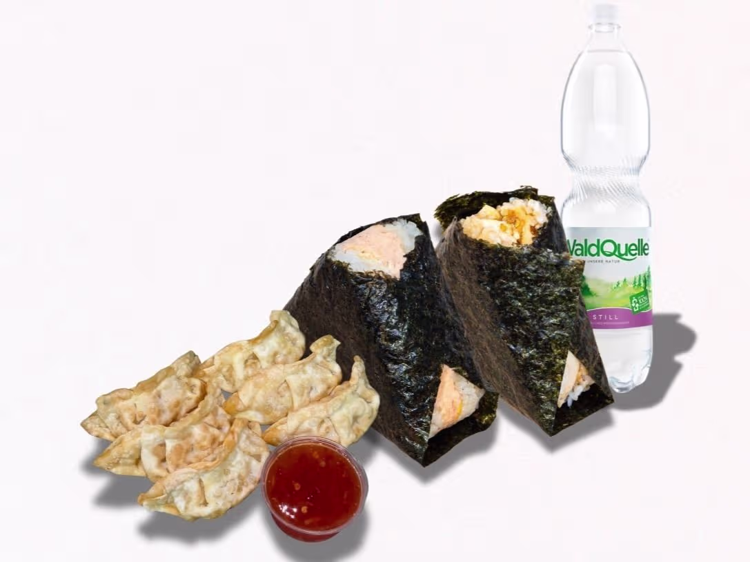 2 Onigiri nach Wahl - 6 Stück Gyoza Beef - 1 Gratis Getränk